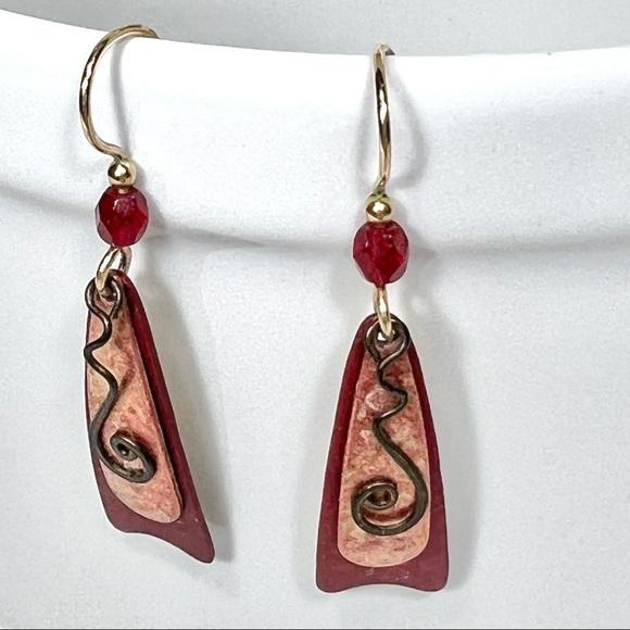 SOLD-Artsy Swirl Dangle Metallic Copper Red Earrings - Picture 2 of 5
